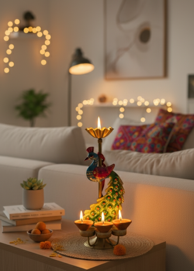 Royal Peacock Diya Stand with Tea Light Holders – Set of 2