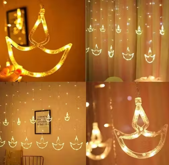 Warm White Diya/Diwali Light Curtain, 8 Flashing Modes,2.5 Meters