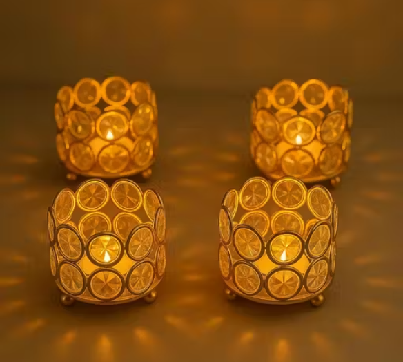 Crystal Tealight Candle Holder Crystal Candle Holder set of 4 For Home Decor Decorative Candle Holder Metal Votive stand For Table Top Wedding and Diwali Decoration
