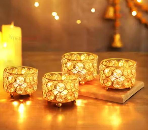 Crystal Tealight Candle Holder Crystal Candle Holder set of 4 For Home Decor Decorative Candle Holder Metal Votive stand For Table Top Wedding and Diwali Decoration