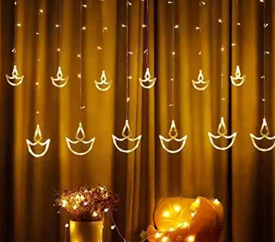 Warm White Diya/Diwali Light Curtain, 8 Flashing Modes,2.5 Meters