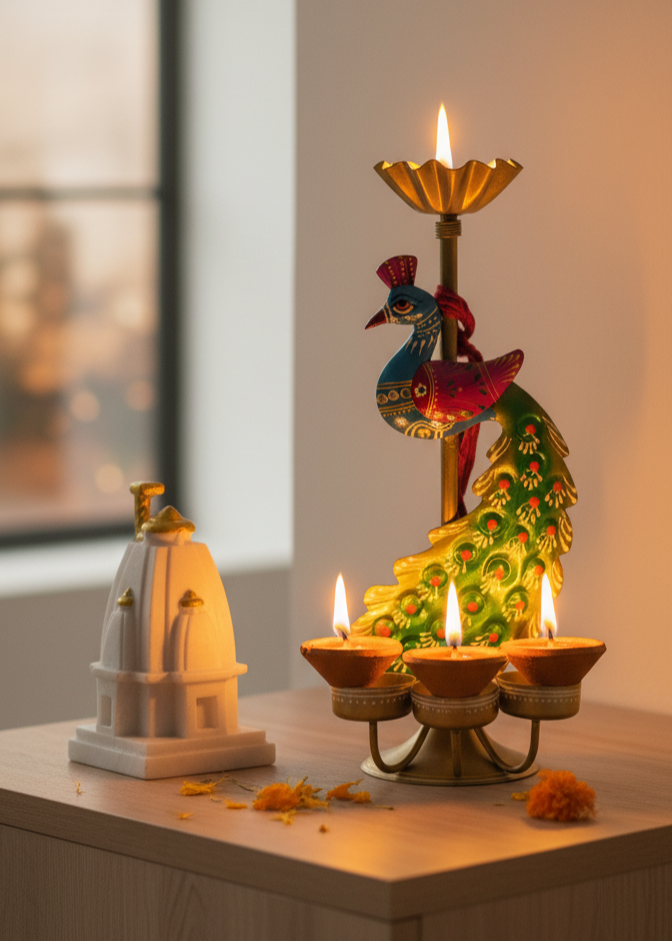 Royal Peacock Diya Stand with Tea Light Holders – Set of 2