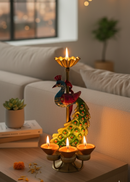 Royal Peacock Diya Stand with Tea Light Holders – Set of 2