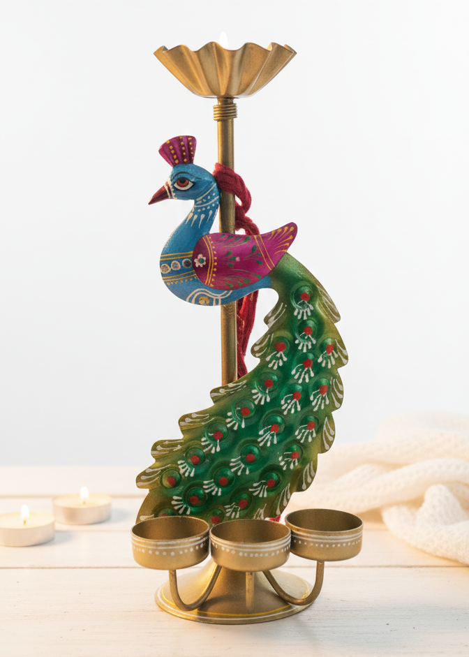 Royal Peacock Diya Stand with Tea Light Holders – Set of 2