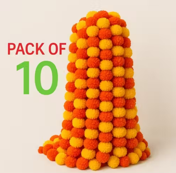 Marigold Artificial Fluffy Flowers for Door, Well Hanging, Wedding, Diwali, Pooja Ghar Decoration( 5 Ft. , Pack of 10