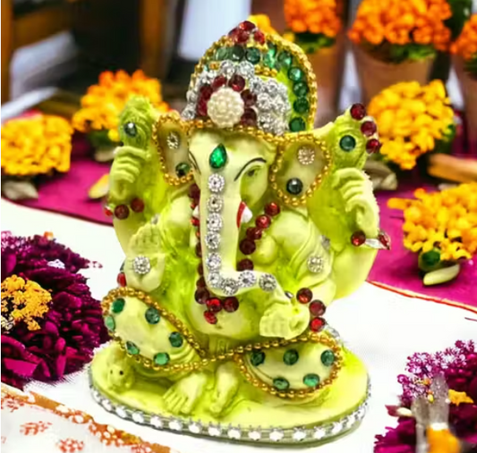 DEVINE Lord Ganesha Idol God with Jewellery, Ganpati/Ganesh JI Handicraft Statue Spiritual Puja Vastu Pooja Gift Item- 4 INCHES (Light Green)
