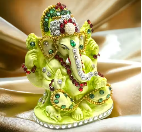 DEVINE Lord Ganesha Idol God with Jewellery, Ganpati/Ganesh JI Handicraft Statue Spiritual Puja Vastu Pooja Gift Item- 4 INCHES (Light Green)