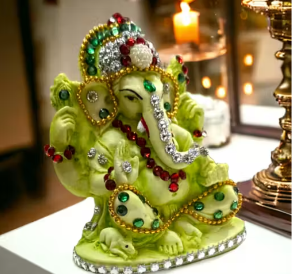 DEVINE Lord Ganesha Idol God with Jewellery, Ganpati/Ganesh JI Handicraft Statue Spiritual Puja Vastu Pooja Gift Item- 4 INCHES (Light Green)