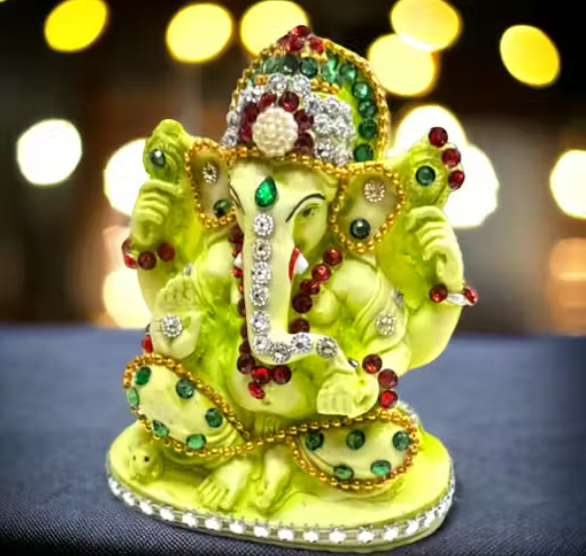 DEVINE Lord Ganesha Idol God with Jewellery, Ganpati/Ganesh JI Handicraft Statue Spiritual Puja Vastu Pooja Gift Item- 4 INCHES (Light Green)