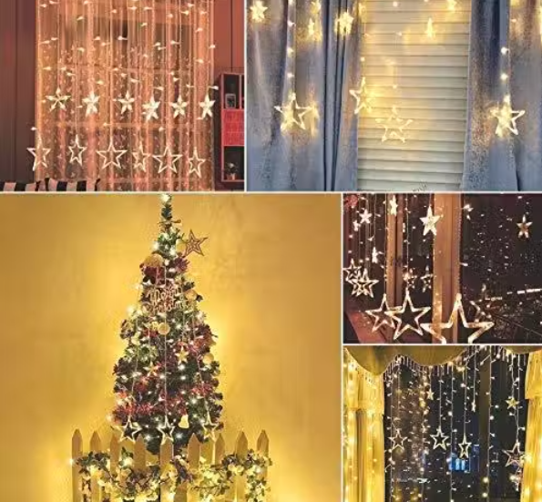12 Stars 138 Led Curtain String Lights Window Curtain Lights with 8 Flashing Modes Decoration for Diwali(138 Led-Star, Copper, Pack of 1)