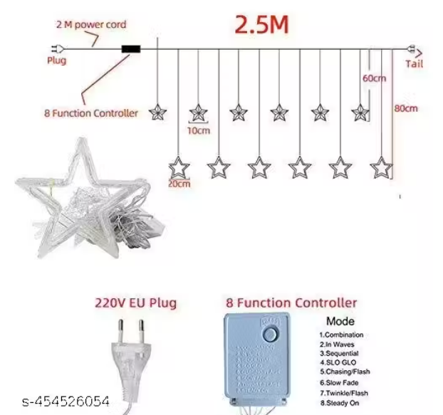 12 Stars 138 Led Curtain String Lights Window Curtain Lights with 8 Flashing Modes Decoration for Diwali(138 Led-Star, Copper, Pack of 1)