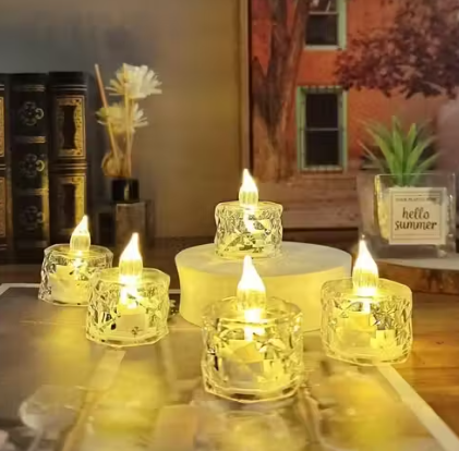 12 Pcs Flameless and Smokeless Decorative Crystal Candles Transparent Acrylic Led Tea Light Candle for Diwali, Birthday, Anniversary Decoration (Yellow, 3 cm)