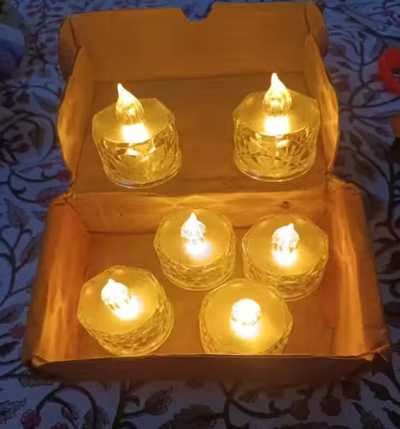 12 Pcs Flameless and Smokeless Decorative Crystal Candles Transparent Acrylic Led Tea Light Candle for Diwali, Birthday, Anniversary Decoration (Yellow, 3 cm)