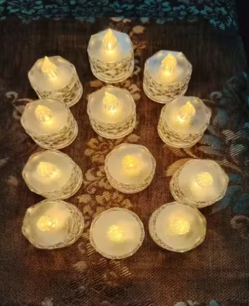 12 Pcs Flameless and Smokeless Decorative Crystal Candles Transparent Acrylic Led Tea Light Candle for Diwali, Birthday, Anniversary Decoration (Yellow, 3 cm)