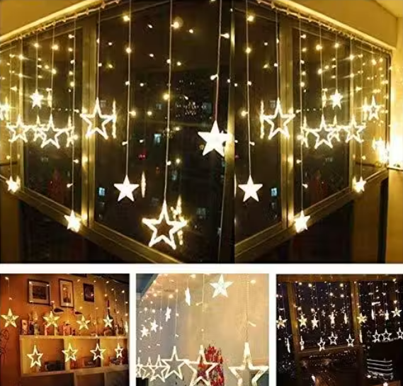 12 Stars 138 Led Curtain String Lights Window Curtain Lights with 8 Flashing Modes Decoration for Diwali(138 Led-Star, Copper, Pack of 1)