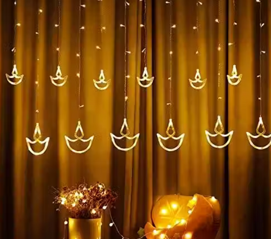 Warm White Diya/Diwali Light Curtain, 8 Flashing Modes,2.5 Meters